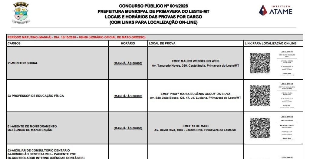Concurso público da prefeitura de Primavera do Leste terá provas neste domingo; veja como consultar o local