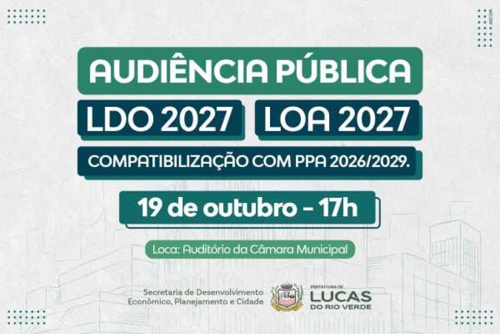 Orçamento para 2027 será apresentado em audiência pública no dia 19 de outubro