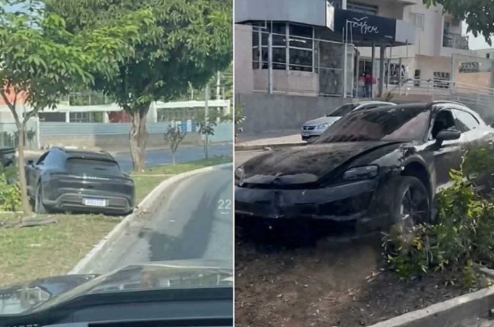 Vídeo mostra Porsche abandonado após bater em canteiro de avenida em Cuiabá