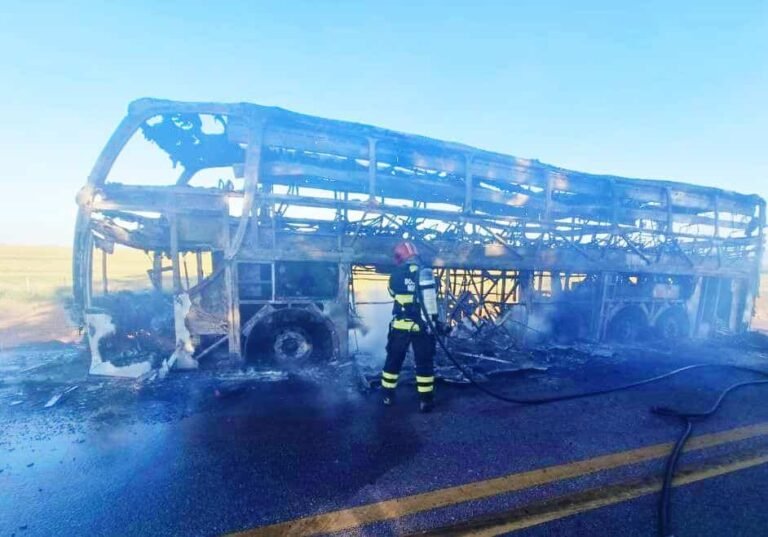 Ônibus com destino a Sinop pega fogo e fica destruído em rodovia